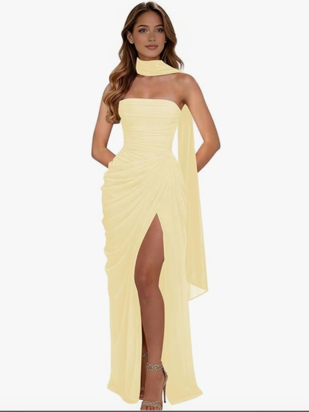 Strapless Yellow Mermaid Chiffon Dress with Scarf
